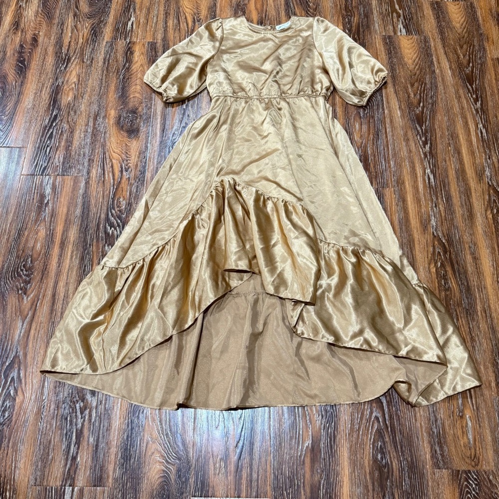 Mia Joy Joyfolie Girls Gold Satin High Low Tiered Ruffle Dress Size 12 Gabriella